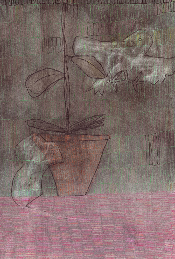 A bird and a mouse with a plant