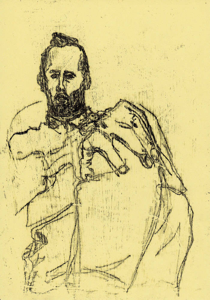 Self-portrait holding knee