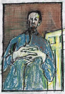 Self-portrait, interlocking fingers colour oil pastel