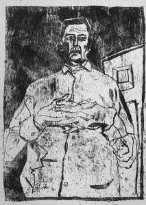 Self-portrait, interlocking fingers, black oil transfer drawing