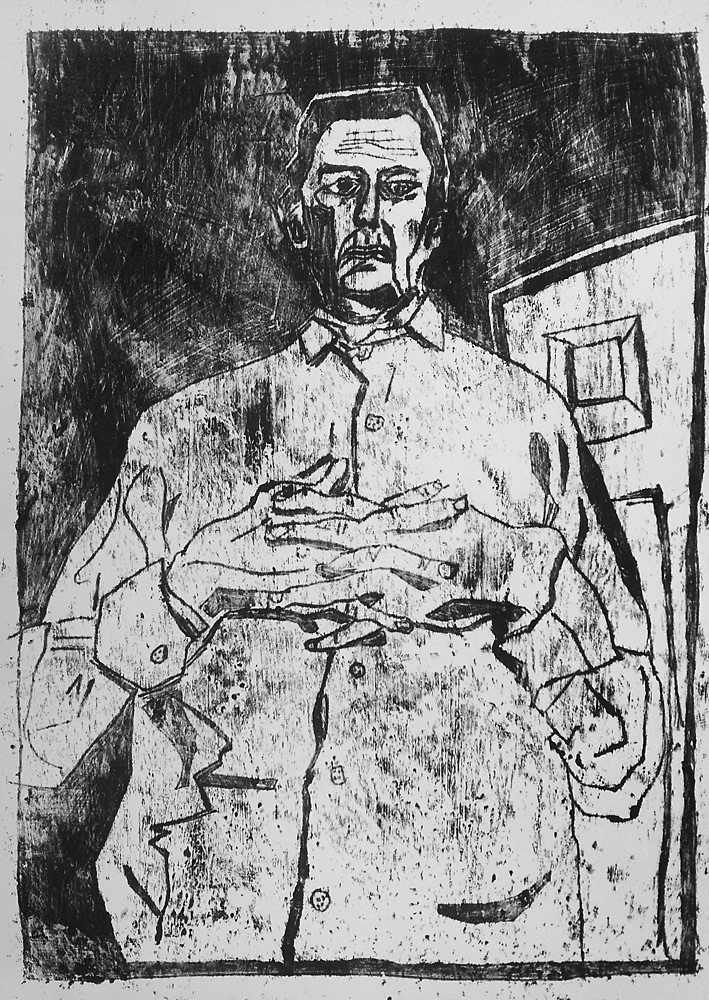 Self-portrait, interlocking fingers, black oil transfer drawing