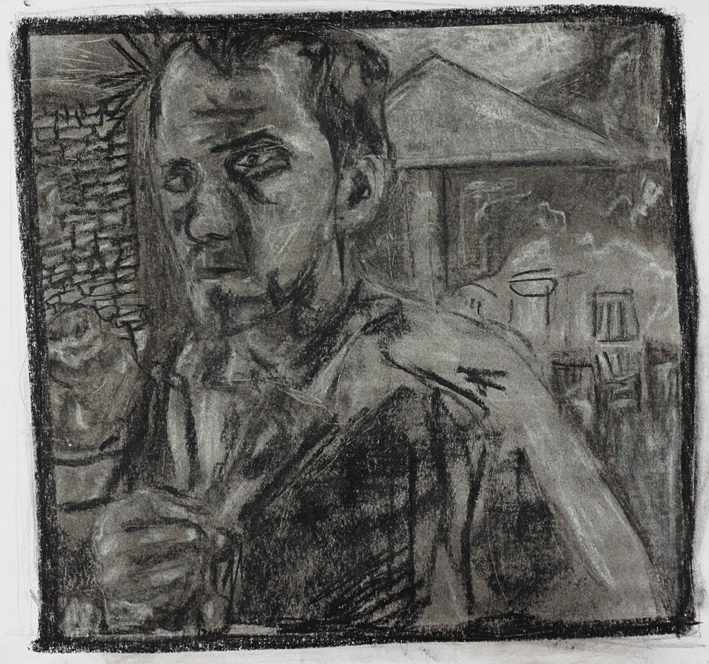 Self-portrait in garden holding shirt