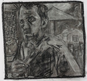 Self-portrait in garden holding shirt