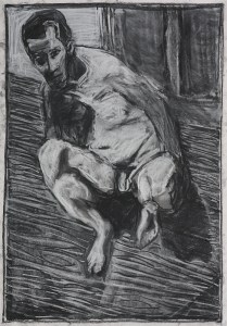 Self-portrait, lent back crouched nude