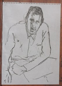 Self-portrait hunched mirror sketch