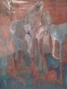 Women and reflected horses