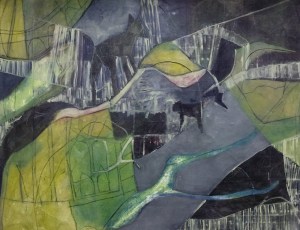 Farm dogs seen from up a tree