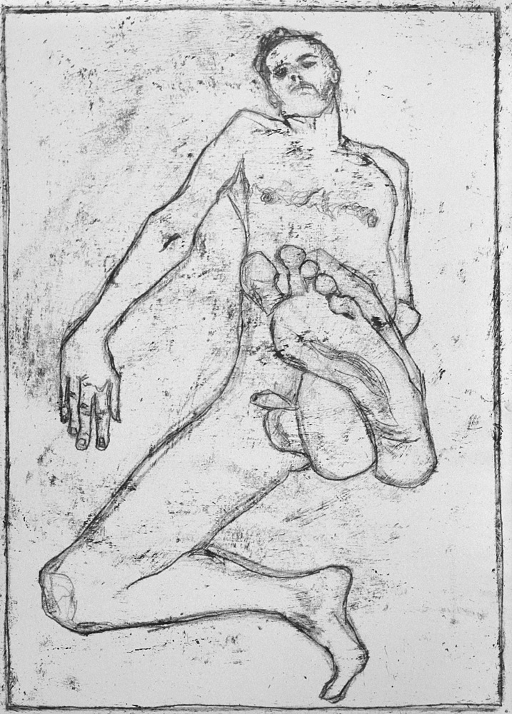 Self-portrait, raised foot