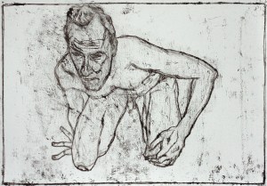 Self-portrait, knelt holding knee