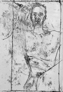 Self-portrait, sat hand on knee