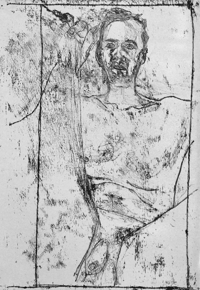 Self-portrait, sat hand on knee