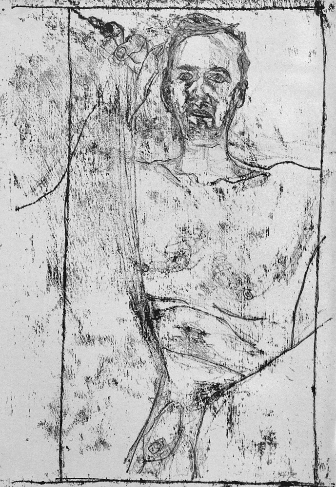 Self-portrait, sat hand on&nbsp;knee