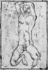 Self-portrait, arms crossed above head