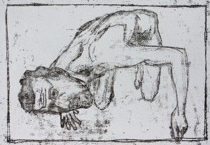 Self-portrait, crouched looking up