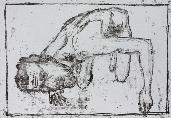 Self-portrait, crouched looking up