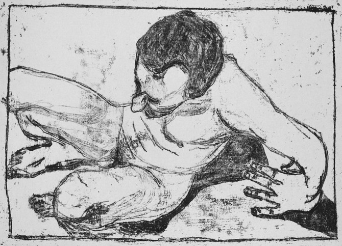 Self-portrait, crouched looking down from above