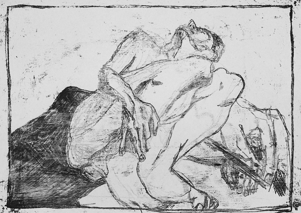 Self-portrait, nude with redrawn large&nbsp;hand