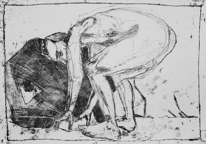 Self-portrait, bent over touching the ground from behind left