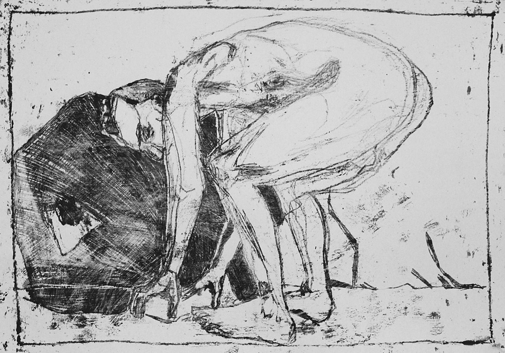 Self-portrait, bent over touching the ground from behind&nbsp;left