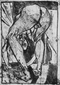 Self-portrait, bent over touching the ground from behind