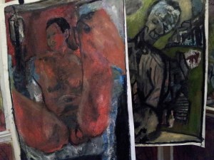 Male nude painting, with a man chiseling a wolf behind.