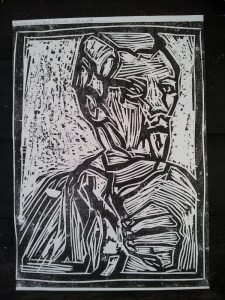 1/25 Man holding his shirt, black on white.