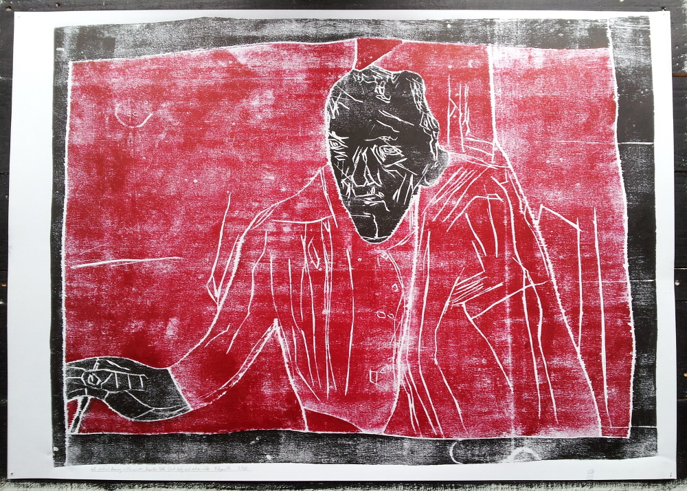 Self-portrait drawing in the mirror, December 2016, black and red on&nbsp;white