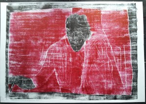 1/25 Self-portrait drawing in the mirror, December 2016, black body and red on white