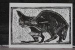 8/25 Cat, black on white, Wood block print.