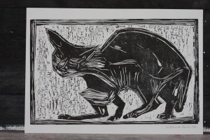 8/25 Cat, black on white, Wood block print.