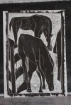 9/25 Horses grazing, black on white, Wood block print.