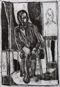 Self-portrait sat by a painting