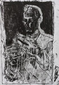 Self-portrait holding a carving knife 2