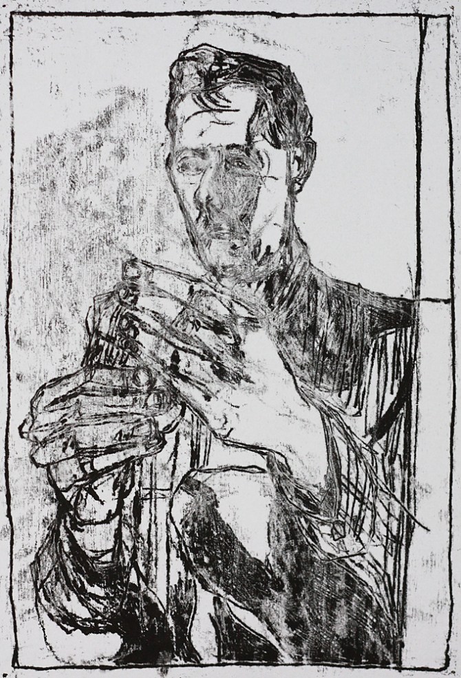 Self-portrait holding a carving knife 1
