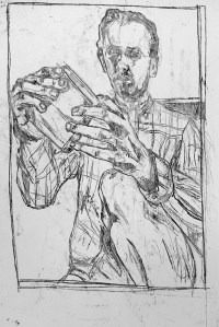 Self-portrait holding carving block