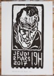 6/25 Jeudi 2 Mars, black on white. Wood block print.