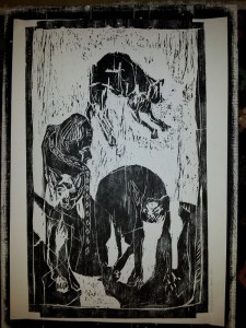 2/25 Man with cats, black on white.