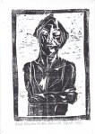 6/25 Portrait, holding above left elbow, black on white. Wood block print.
