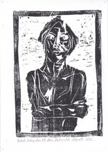 6/25 Portrait, holding above left elbow, black on white. Wood block print.