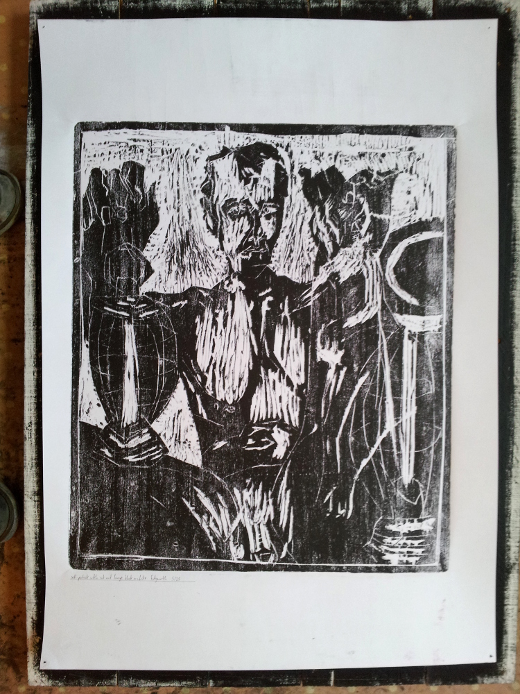 Self-portrait with cat and lamps, black on&nbsp;white