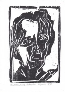 6/25 Self-portrait, painting, black on white. Wood block print.