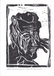 6/25 Self-portrait and four fingers, black on white. Wood block print.
