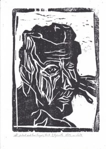 6/25 Self-portrait and four fingers, black on white. Wood block print.