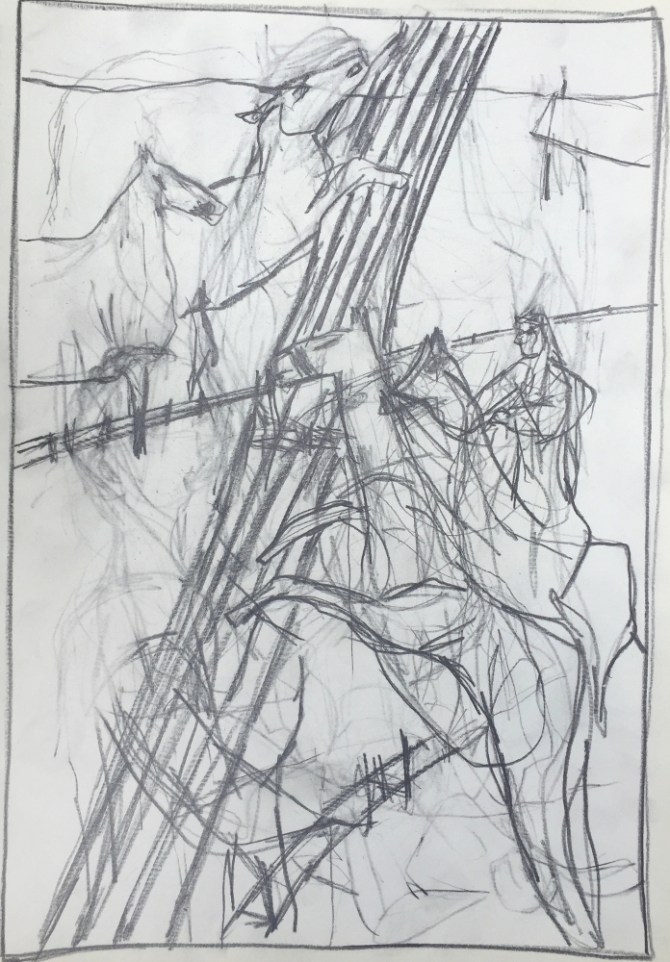 Horses jumping a fence