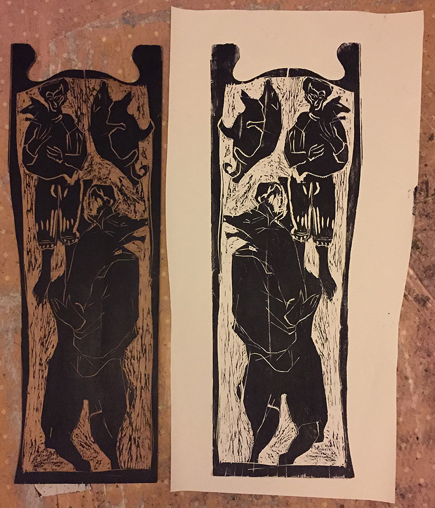 Two men, each carrying a pig