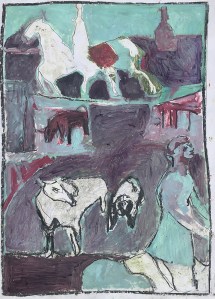 Horseriders passing through a farm