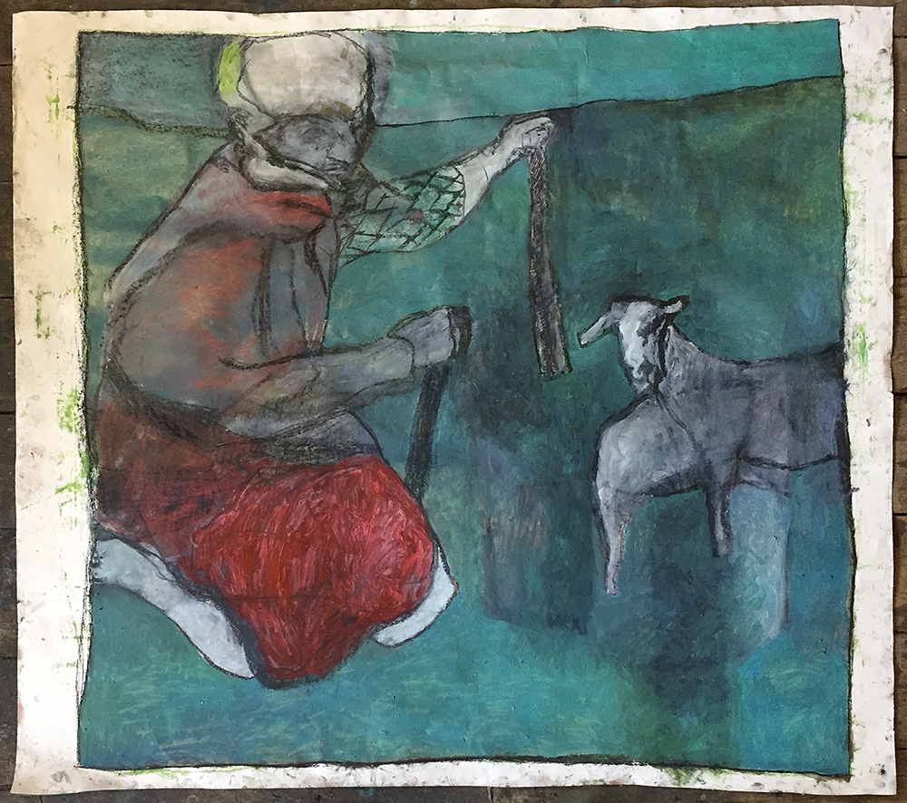 Shepherd with two sheep