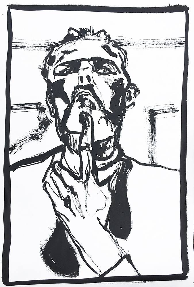 Self-portrait pushing bottom lip