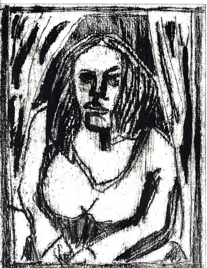 Woman between curtains