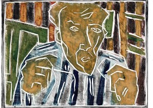 Self-portrait, striped shirt, closed hands, day 1